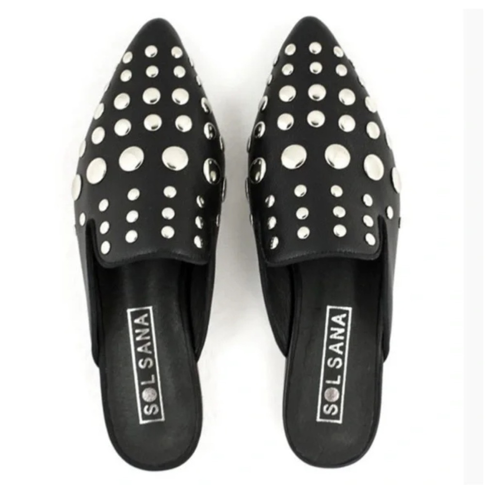 SOL SANA Black Leather Silver Studded Pointed Toe Flat Mules Size 37